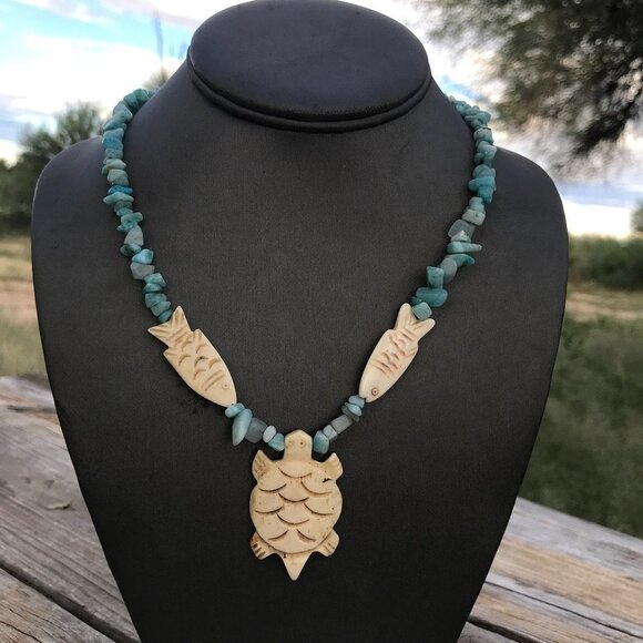 Southwestern Amazonite Gemstone Necklace Handmade Fish Pendant Silver Turtle - Picture 7 of 9